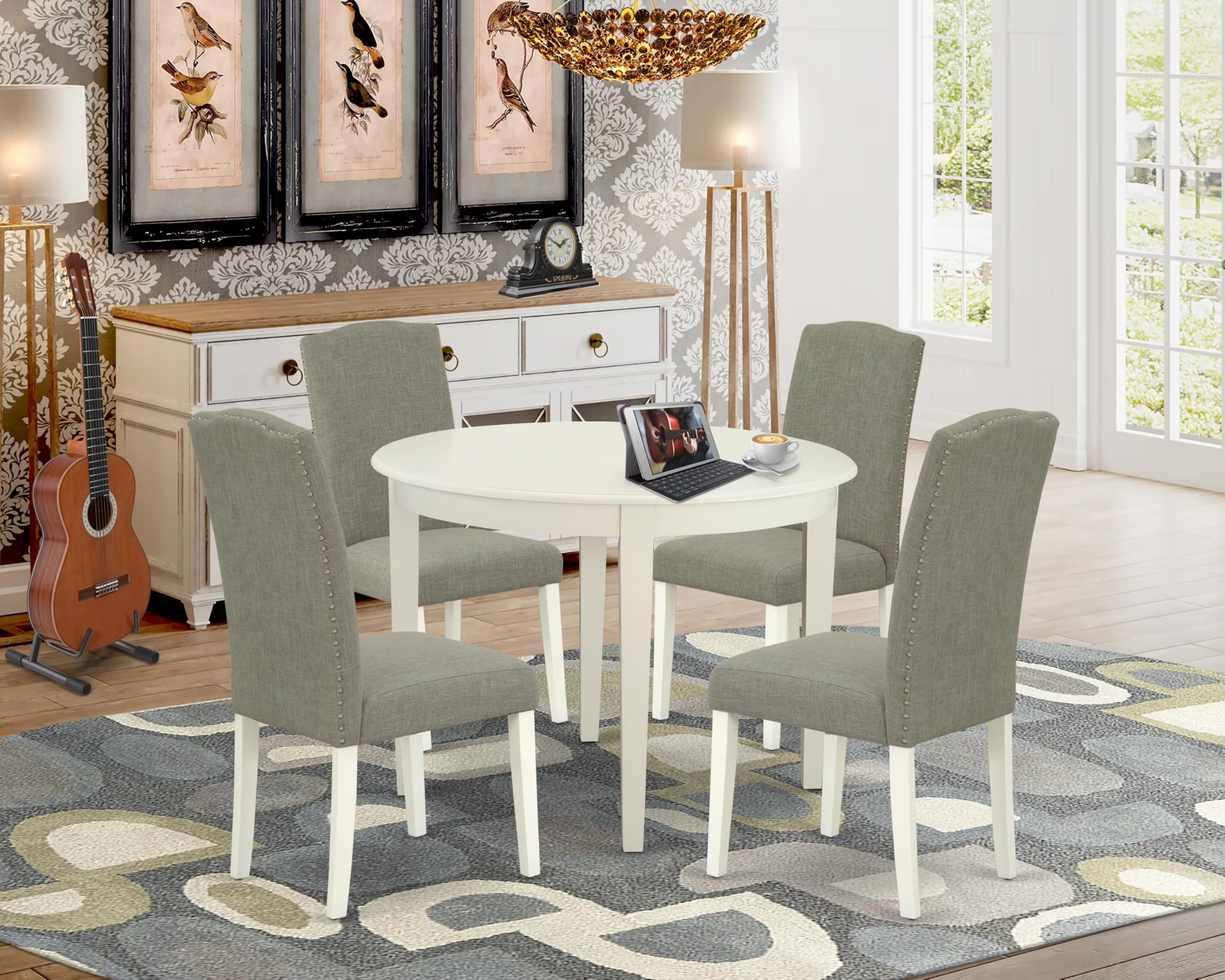 East West Furniture Boen5-Lwh-06 5 Piece Dinette Set For 4 Includes A Round Kitchen Table And 4 Dark Shitake Linen Fabric Parson Dining Room Chairs, 42X42 Inch, Linen White